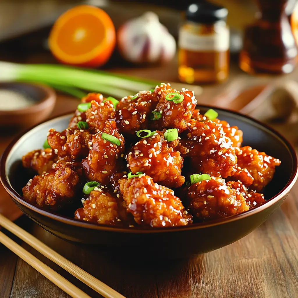 Golden orange chicken glazed in tangy sauce with fresh herbs