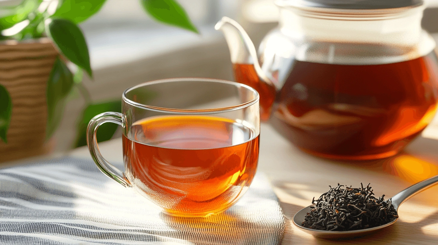 A close-up of a white cup filled with reddish-brown Irish Breakfast Tea, placed above a pile of loose black tea leaves.