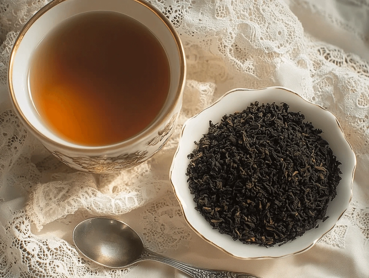 A glass cup of Irish Breakfast Tea with a matching glass teapot in the background and a spoon of loose tea leaves on the table.