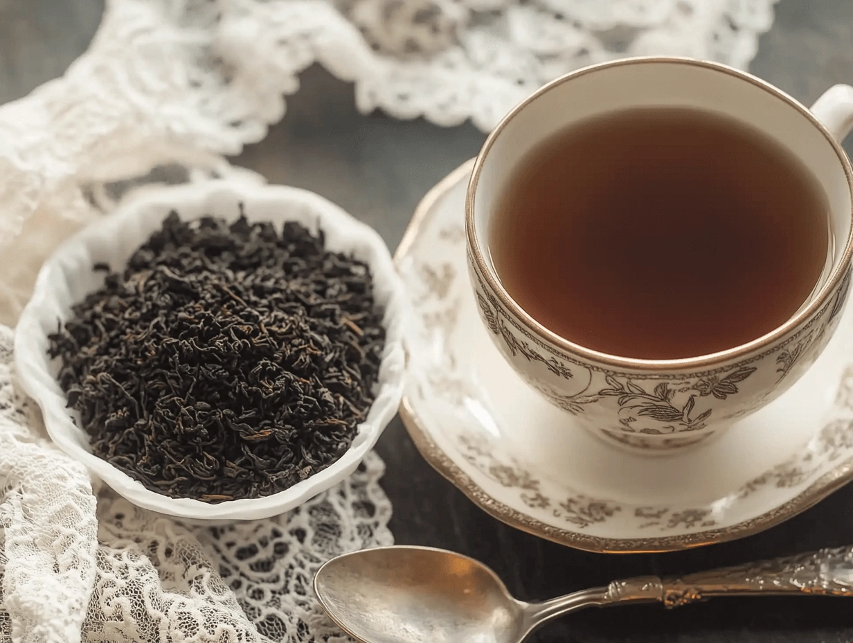 A cup of Irish Breakfast Tea on a silver tray with a small bowl of loose tea leaves and lace fabric for decoration.