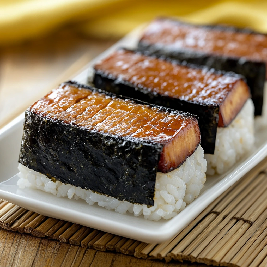 Hawaiian-style Spam musubi with rice and seaweed, arranged on plates with a bamboo mat underneath.
