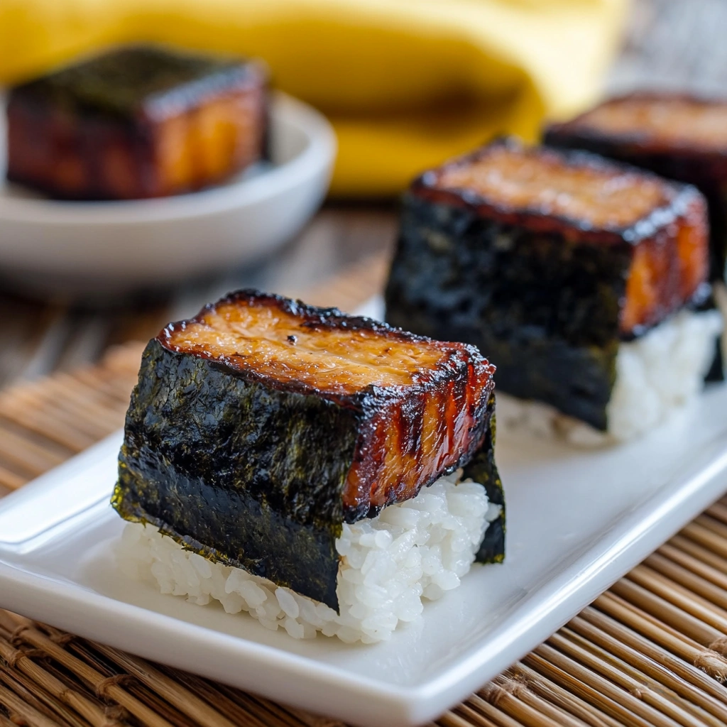 Four pieces of Spam musubi wrapped in seaweed, placed on a white rectangular plate and a round plate.