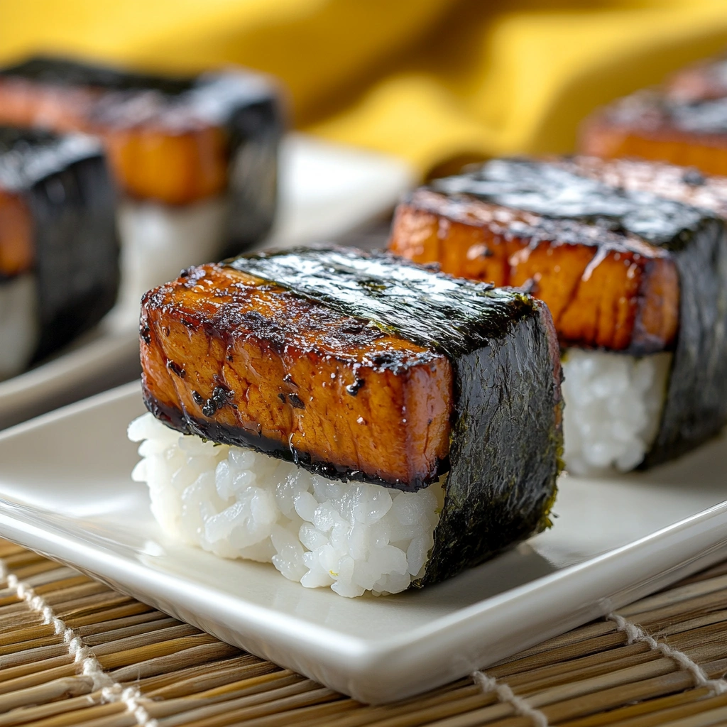 Close-up of Spam musubi wrapped in nori on white plates, with a bamboo sushi mat and a yellow cloth in the background.