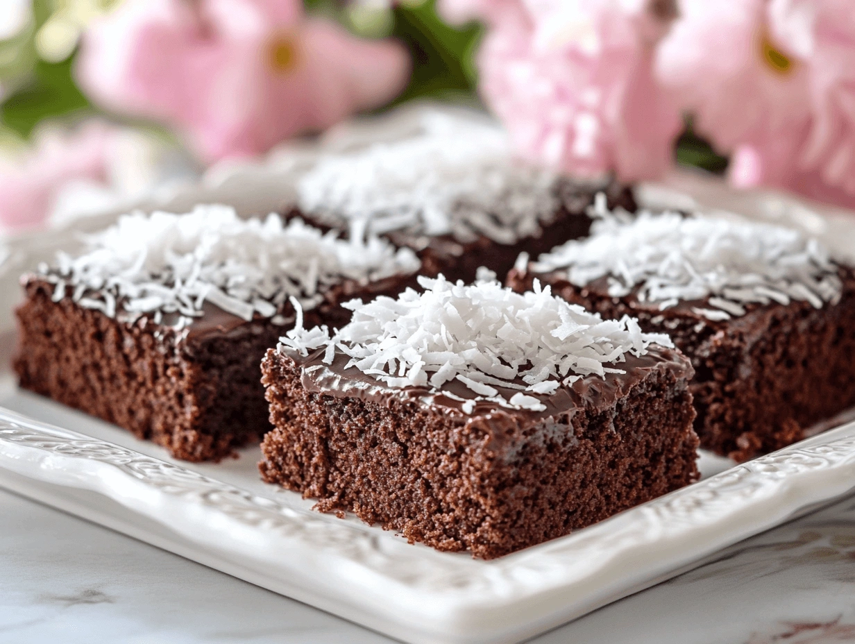 A moist kefir sheet cake topped with powdered sugar, sliced into squares on a white serving plate.