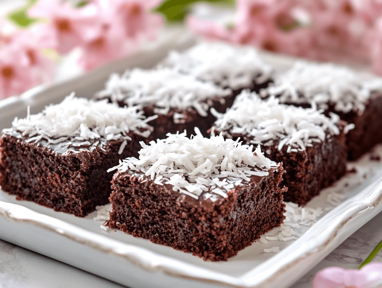 Chocolate kefir sheet cake with shredded coconut topping served on a rustic wooden table.