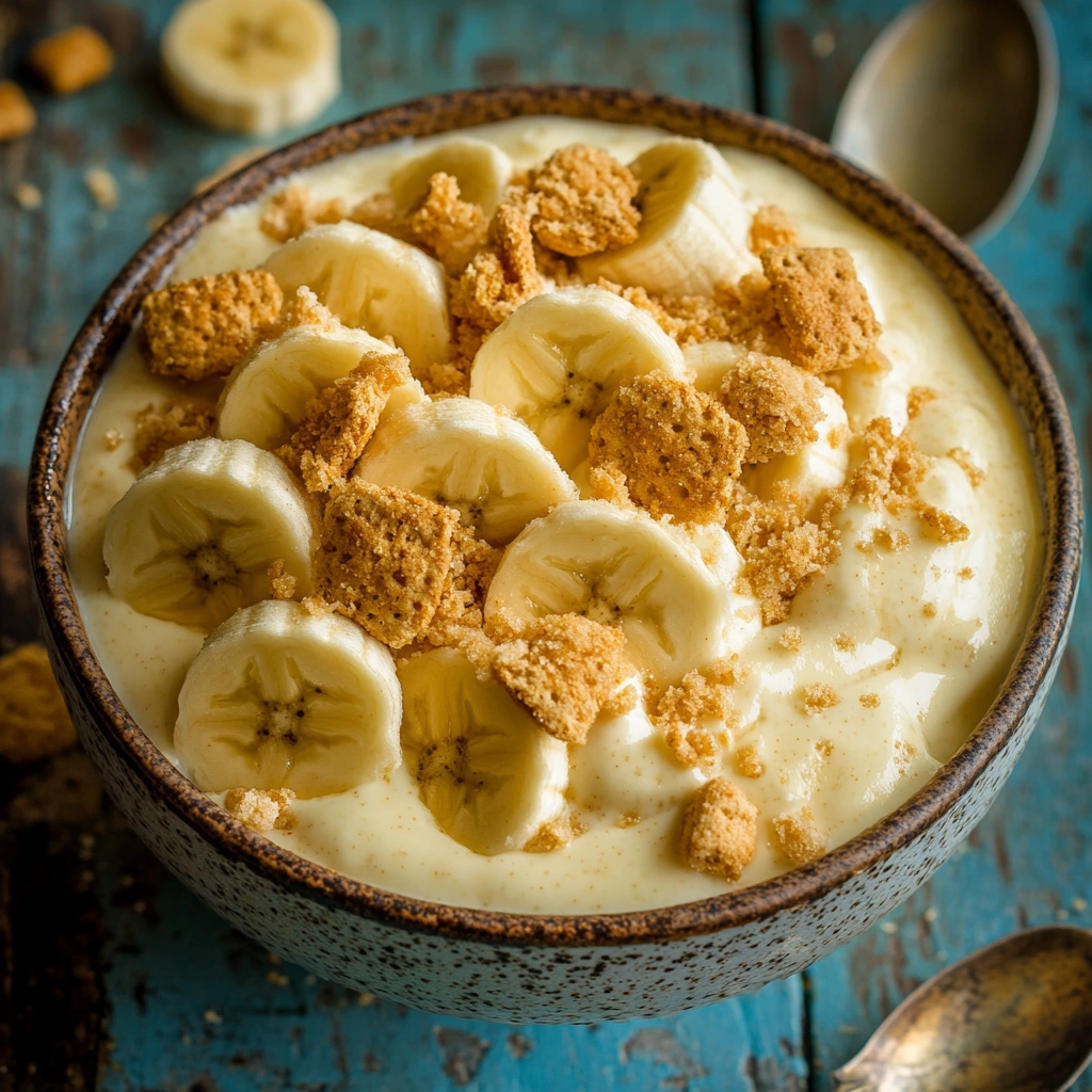 A bowl of creamy banana pudding topped with Nilla wafers, banana slices, and crumbled wafers, set on a rustic turquoise wooden table with a spoon nearby.