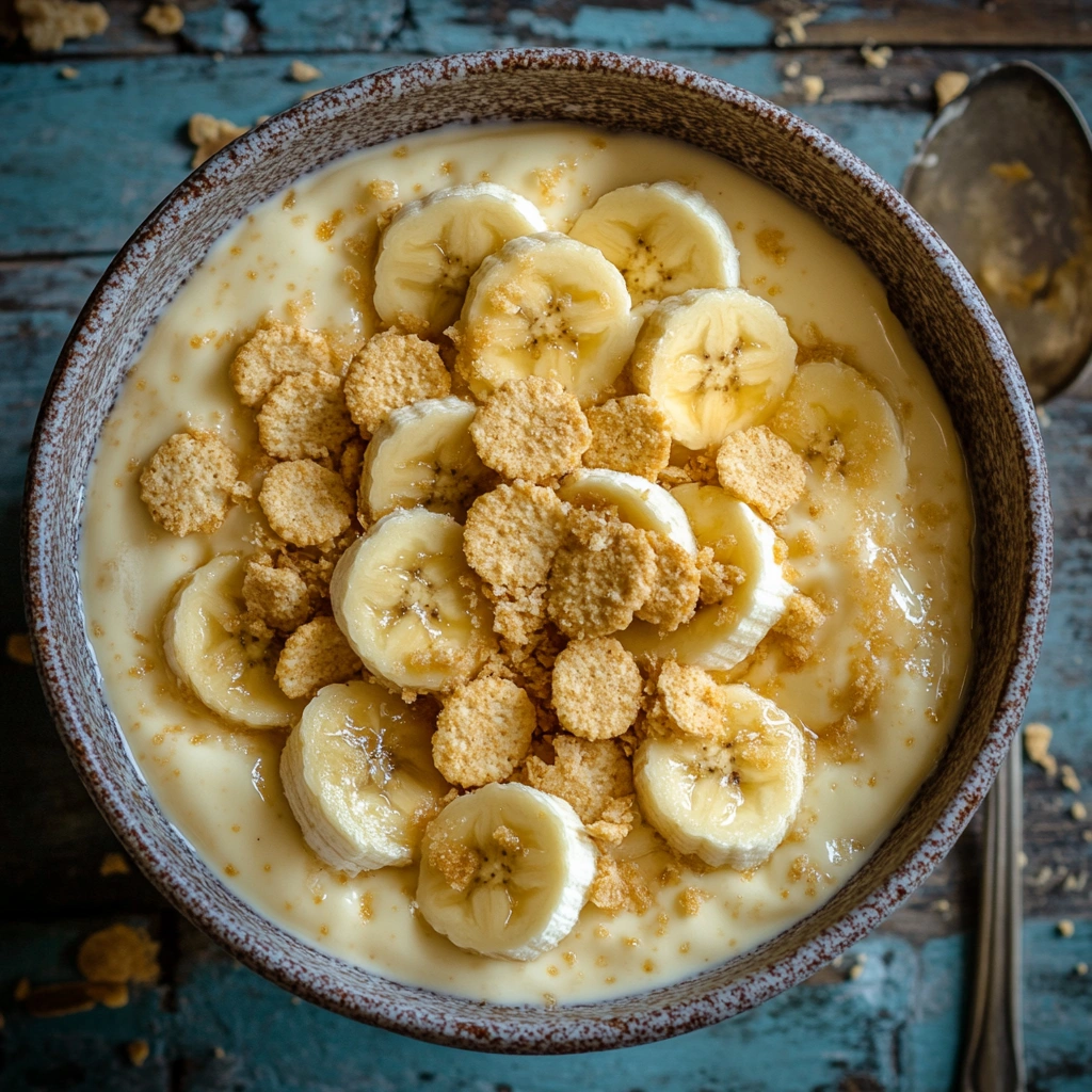 Close-up of banana pudding with layers of custard, bananas, and wafers, garnished with banana slices and crushed wafers in a rustic bowl.