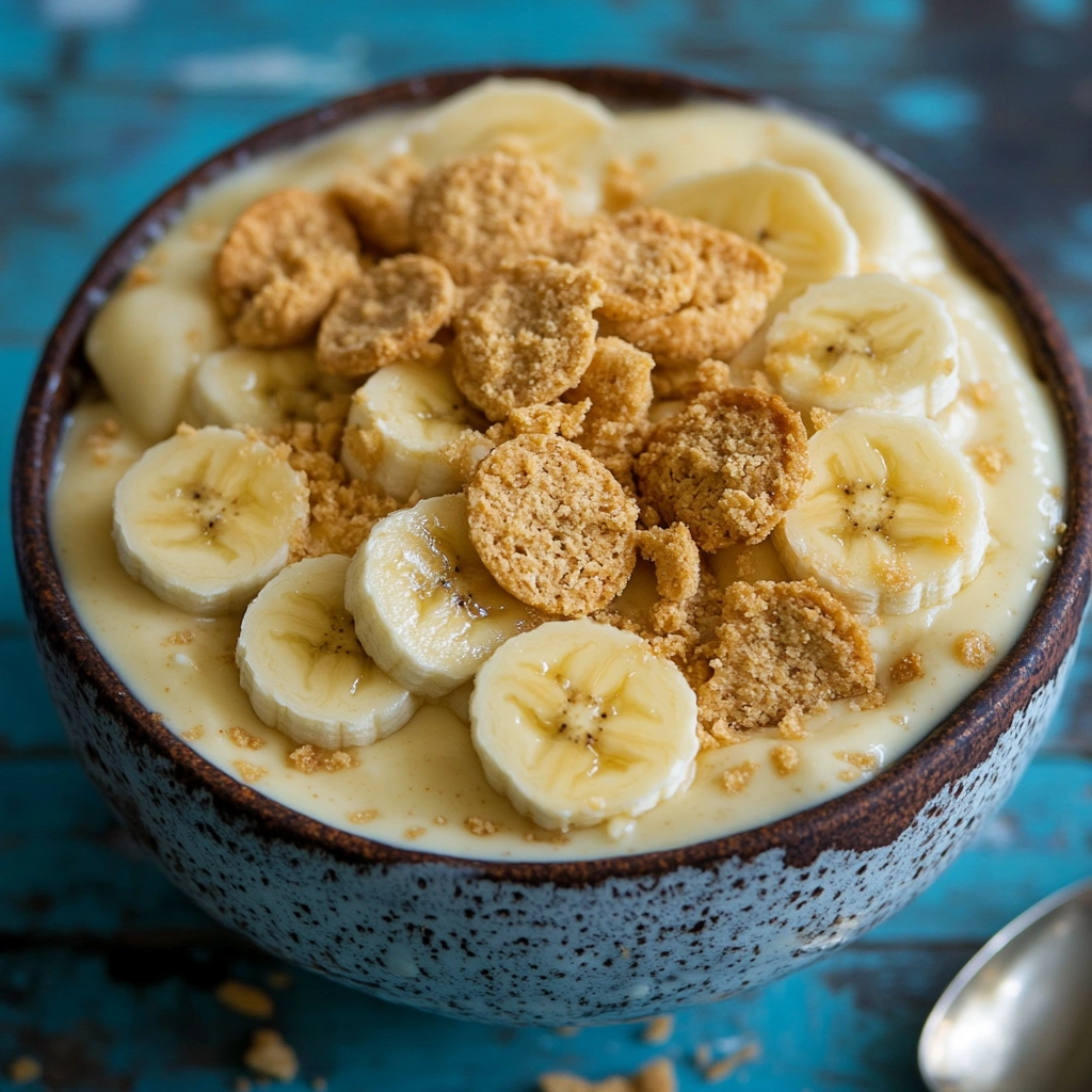 Classic banana pudding served in a speckled bowl, featuring custard, banana slices, and Nilla wafers on a rustic blue table.