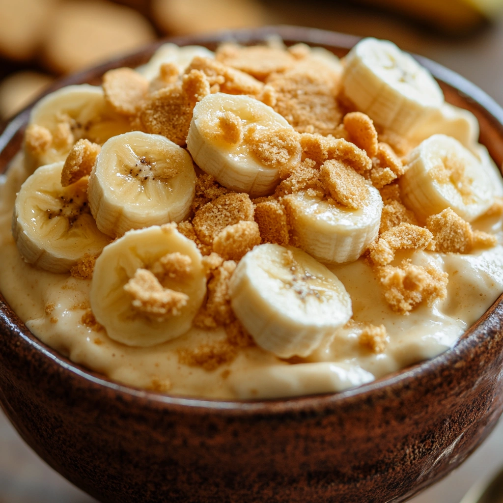 A bowl of creamy banana pudding topped with banana slices and vanilla wafer cookies, set against a soft, blurred background.