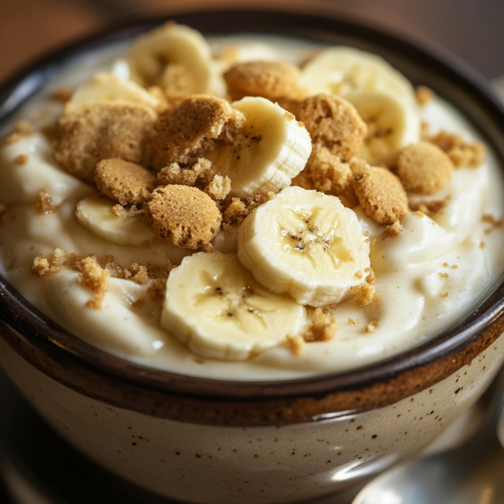 Close-up of banana pudding with crumbled cookies and banana slices on top, served in a rustic bowl.