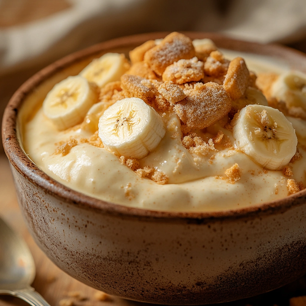 Banana pudding with vanilla wafers and banana slices in a speckled ceramic bowl on a soft background.