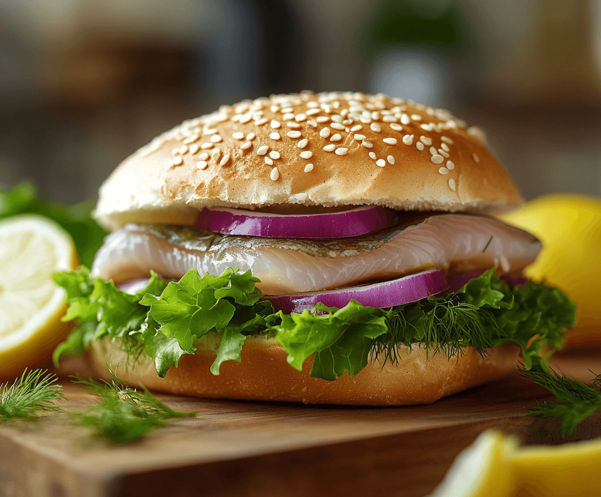 A traditional German Matjesbrötchen sandwich with a glossy sesame seed bun, fresh herbs, and sliced lemons for garnish.