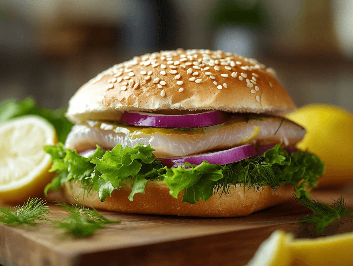 A close-up of a Matjesbrötchen, a traditional German sandwich with a sesame seed bun, lettuce, pickled herring, red onion rings, and fresh dill, served on a wooden board with lemon slices.