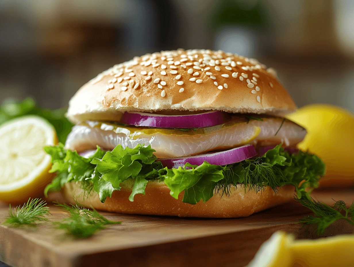 A rustic-style Matjesbrötchen on a wooden board with fresh ingredients like lettuce, pickled herring, onions, and lemon slices in natural light.