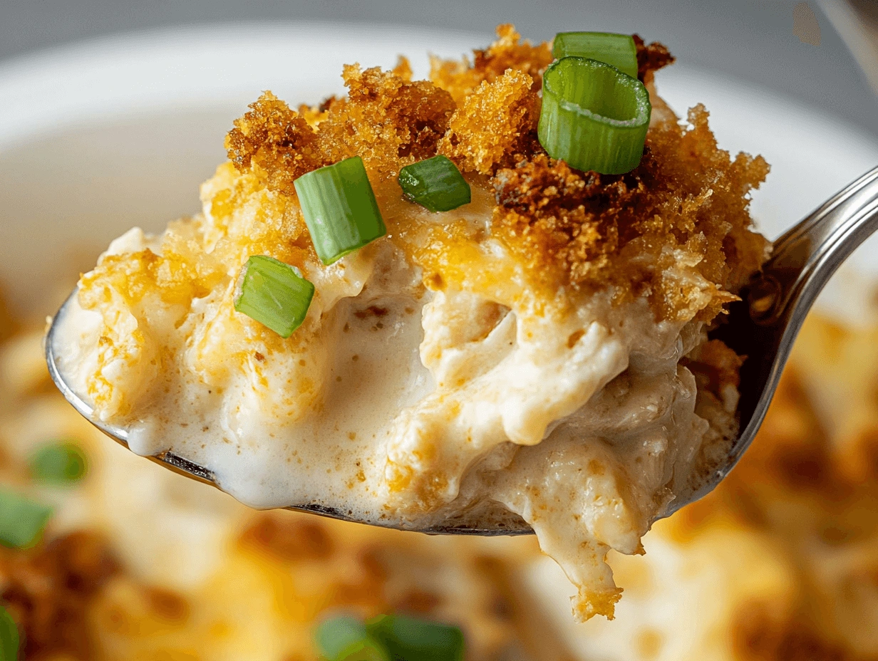 A white baking dish filled with golden, cheesy chicken casserole topped with breadcrumbs and parsley leaves.