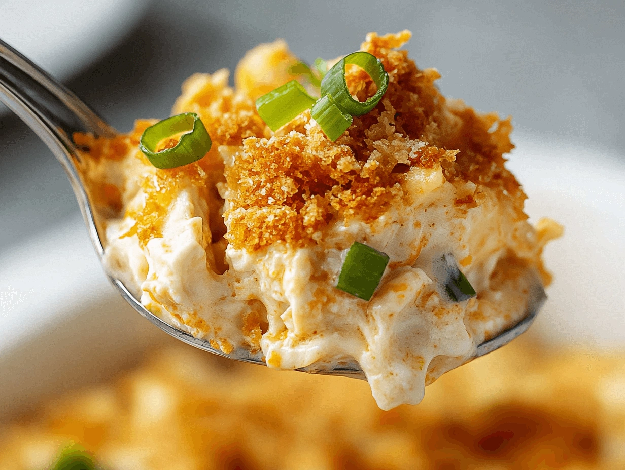 Golden-brown chicken casserole in a rectangular dish, topped with breadcrumbs and fresh parsley.