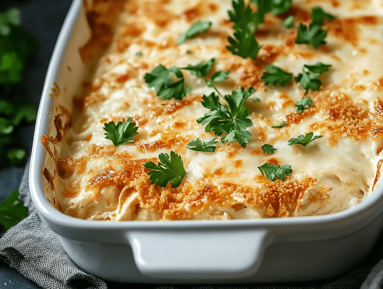 A close-up view of a freshly baked chicken casserole in a white dish. The casserole features a rich and creamy filling beneath a crispy breadcrumb crust, highlighted with sprigs of fresh parsley. The edges of the casserole show a slight golden caramelization, adding a rustic touch. It sits on a dark surface with a textured napkin nearby.