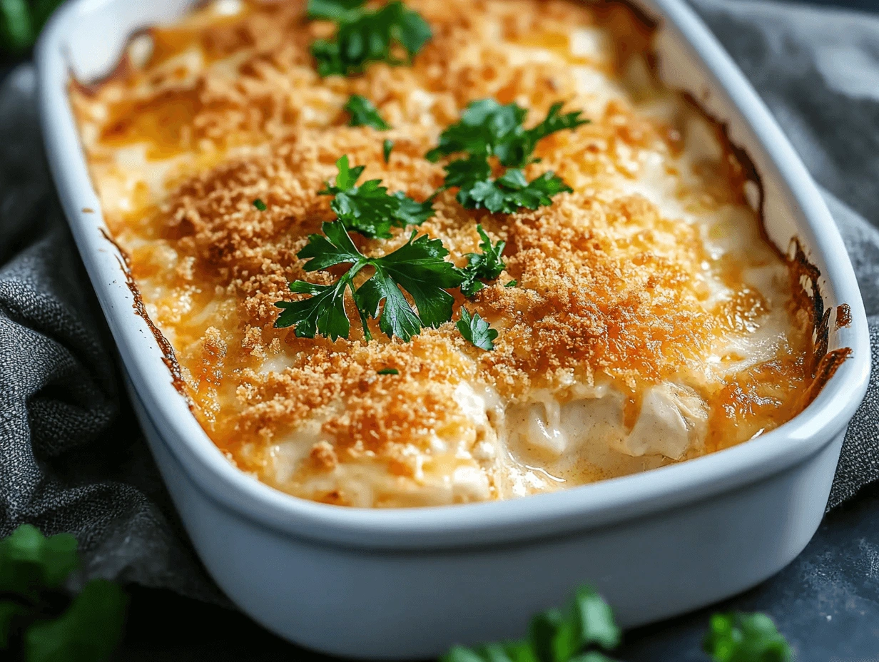 A freshly baked casserole with a crunchy topping and parsley garnish in a white serving dish.