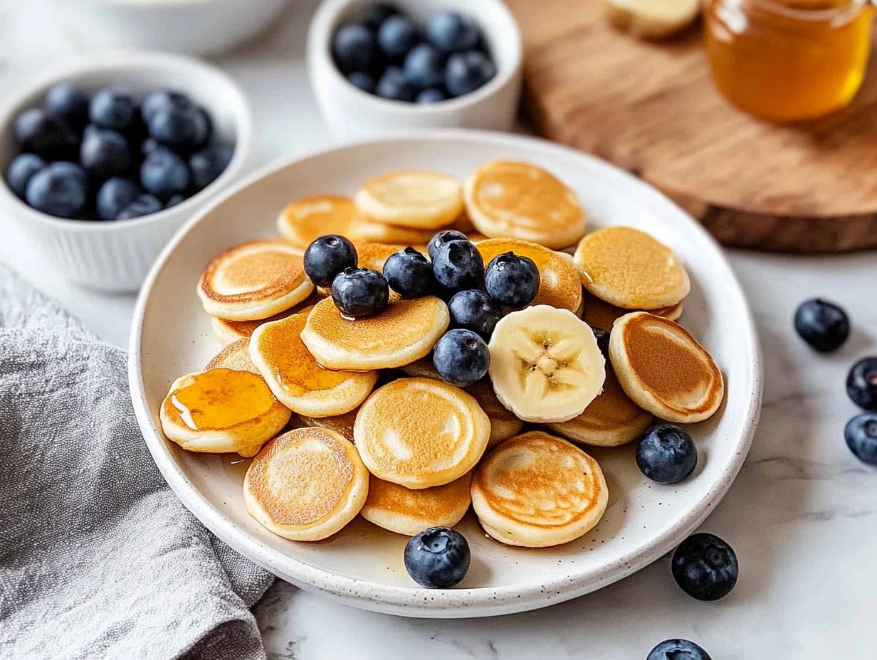 Mini pancakes with fruit and syrup on a breakfast plate.