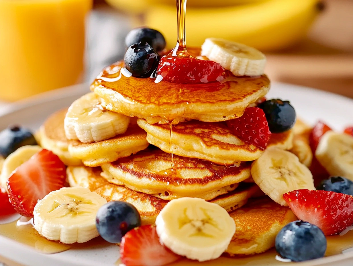 A stack of golden mini pancakes topped with banana slices, blueberries, and diced strawberries, with syrup being poured over them.