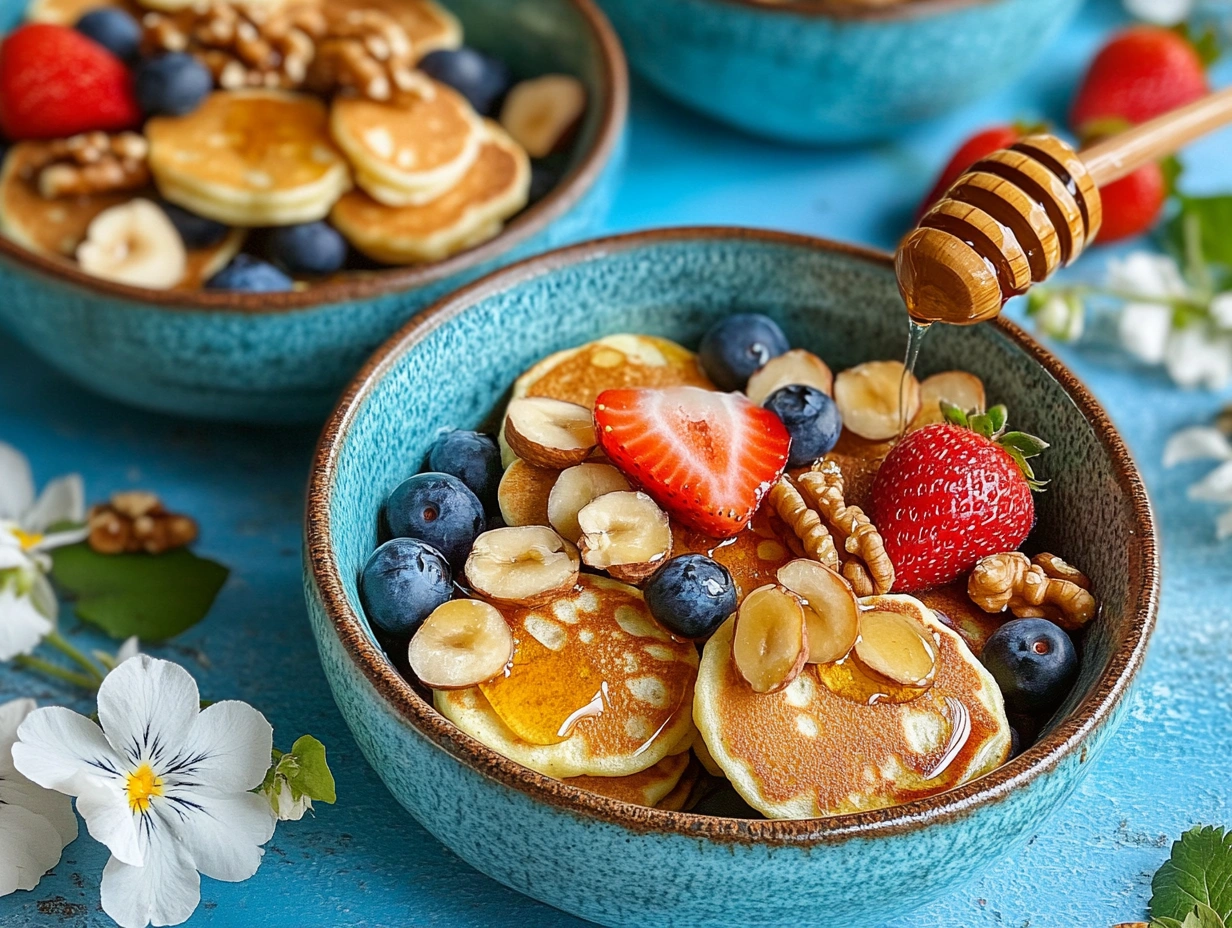 Close-up of syrup being poured over mini pancakes with fresh fruit toppings.