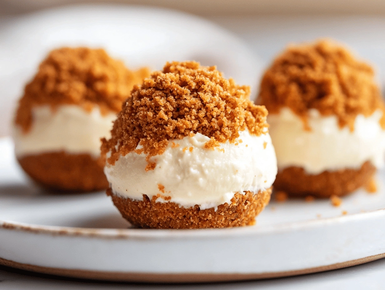 Plate of no-bake pumpkin cheesecake balls showcasing a creamy center, pumpkin-flavored coating, and a textured topping of graham cracker crumbs.