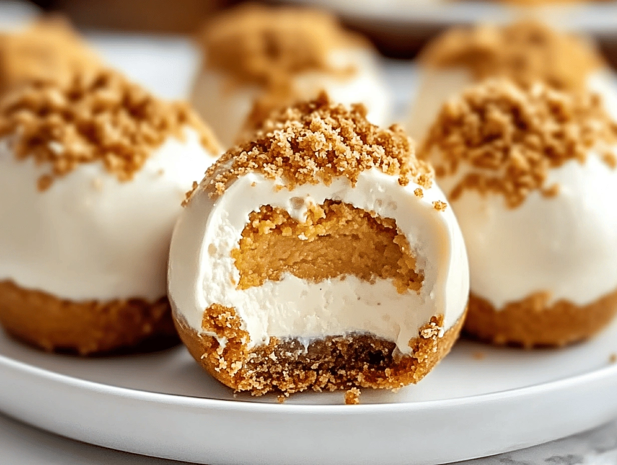 Close-up of no-bake pumpkin cheesecake balls with a creamy cheesecake filling, a spiced pumpkin layer, and a crunchy graham cracker topping, served on a white plate.