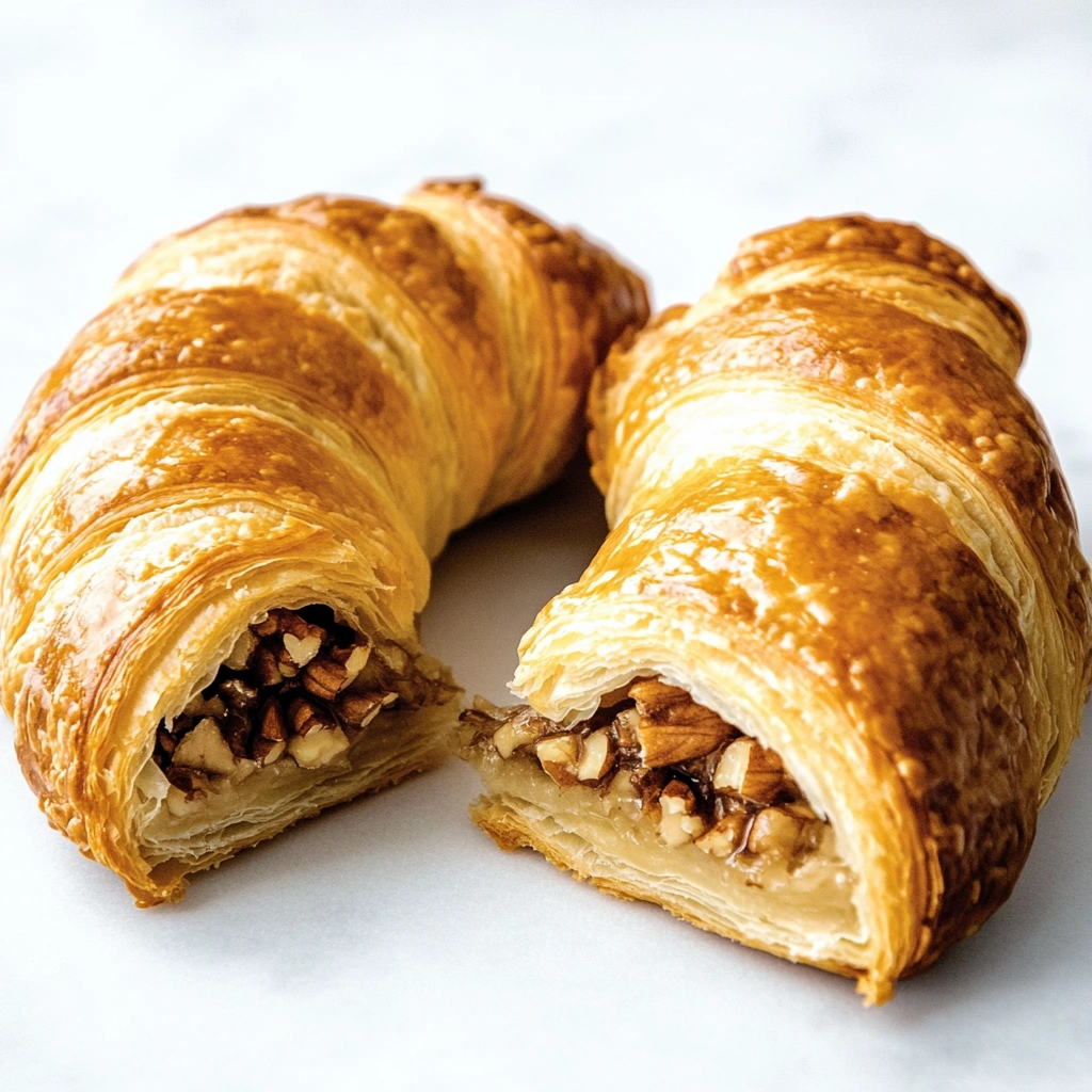 Two flaky Nussgipfel pastries, one showing a visible nut filling, set against a plain white background.