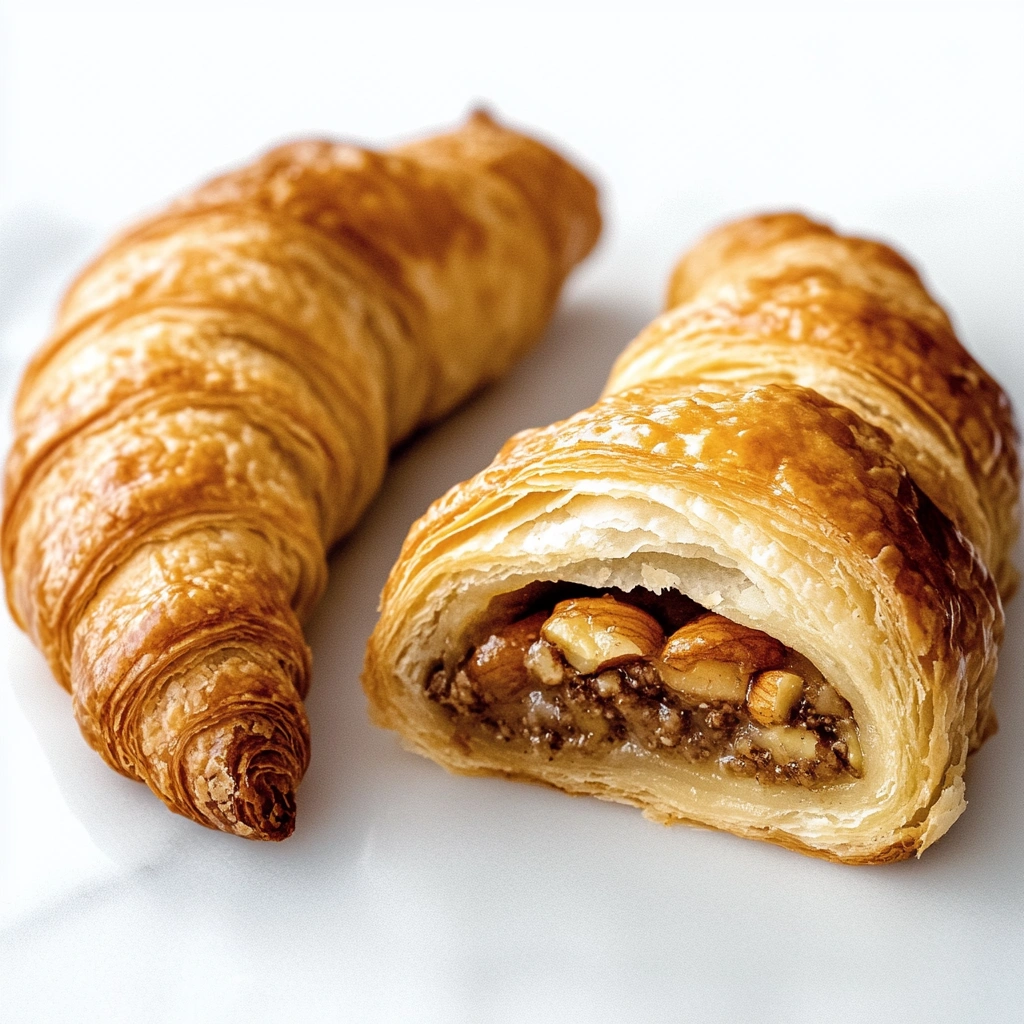 Two golden-brown Swiss Nussgipfel pastries, one broken open to reveal a sweet, nut-filled interior, displayed on a white background.