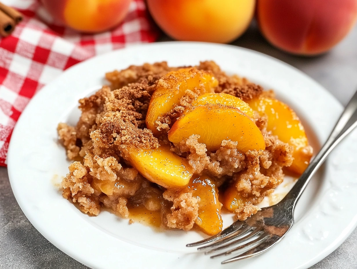 This image showcases a classic peach crumble dessert with warm, caramelized peaches and a buttery crumb topping. The rustic presentation includes cinnamon sticks and a checkered napkin, evoking a cozy, homemade feel.