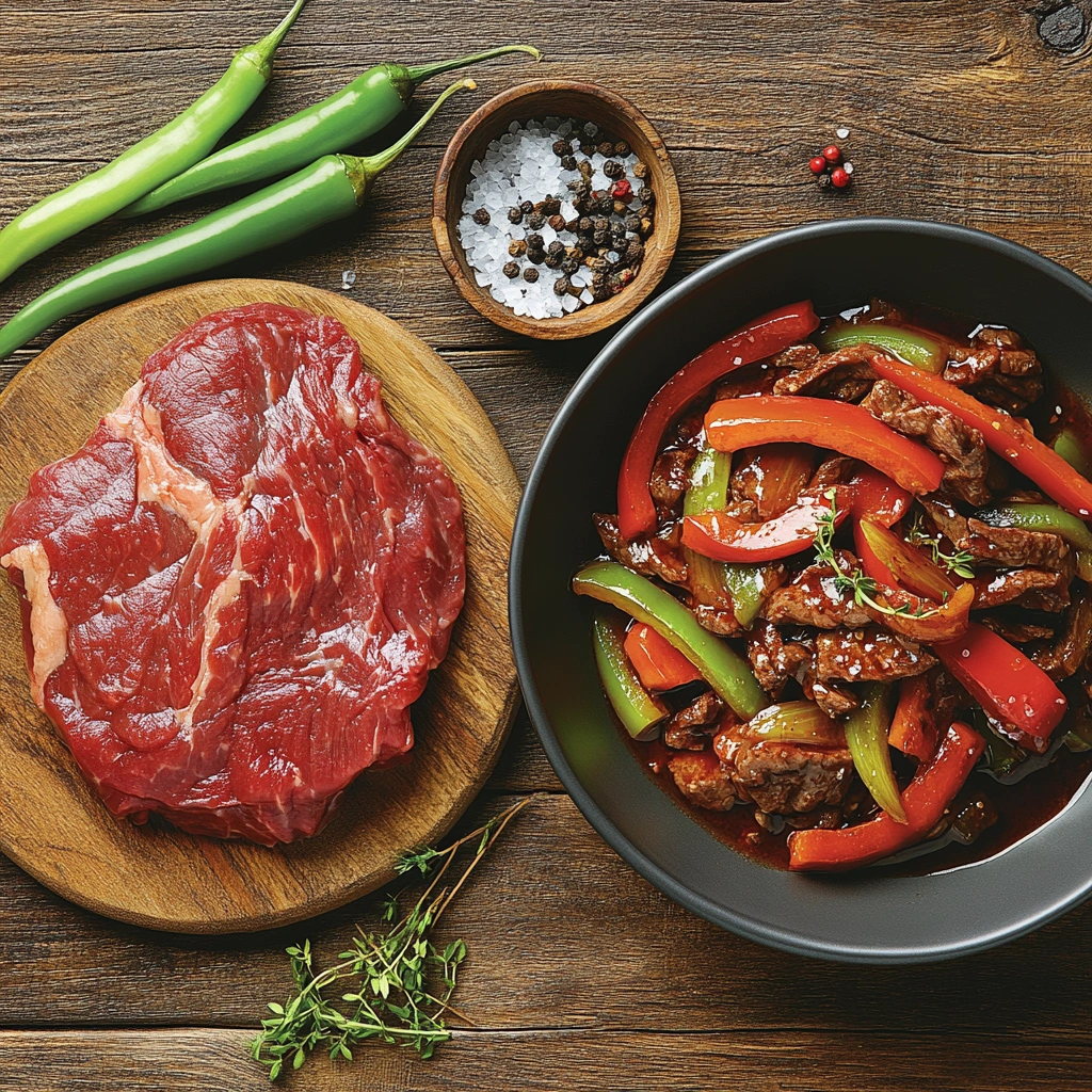 Raw flank steak on a rustic surface with Himalayan salt and fresh thyme, one of the best cuts for pepper steak.