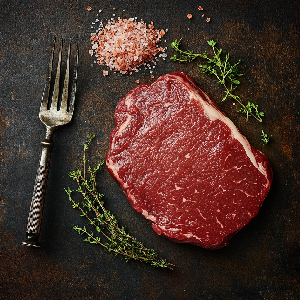 Fresh flank steak with seasoning elements, recognized as one of the best cuts for pepper steak.