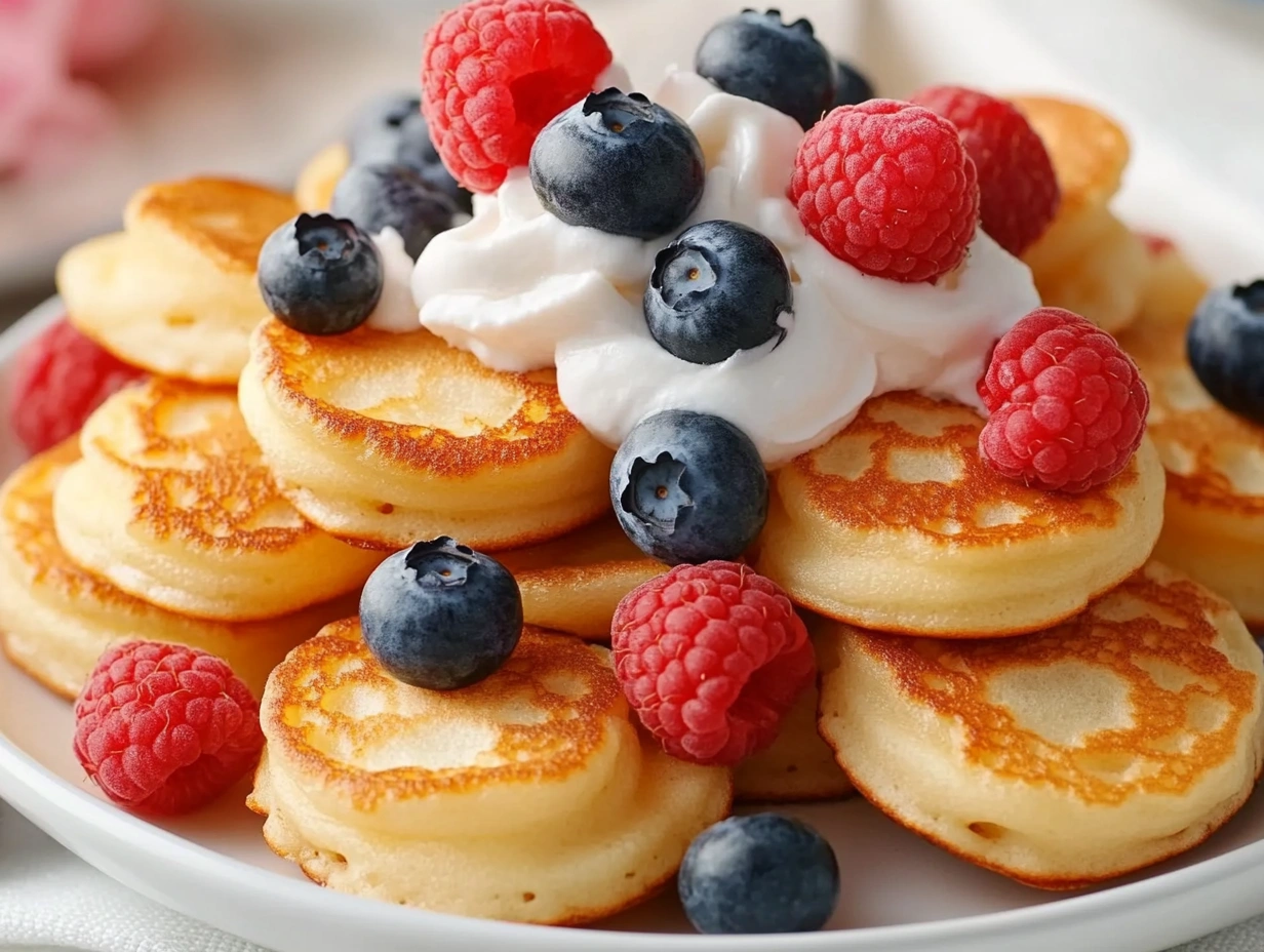 Plate of mini pancakes topped with fresh blueberries, raspberries, and whipped cream, arranged on a white dish.