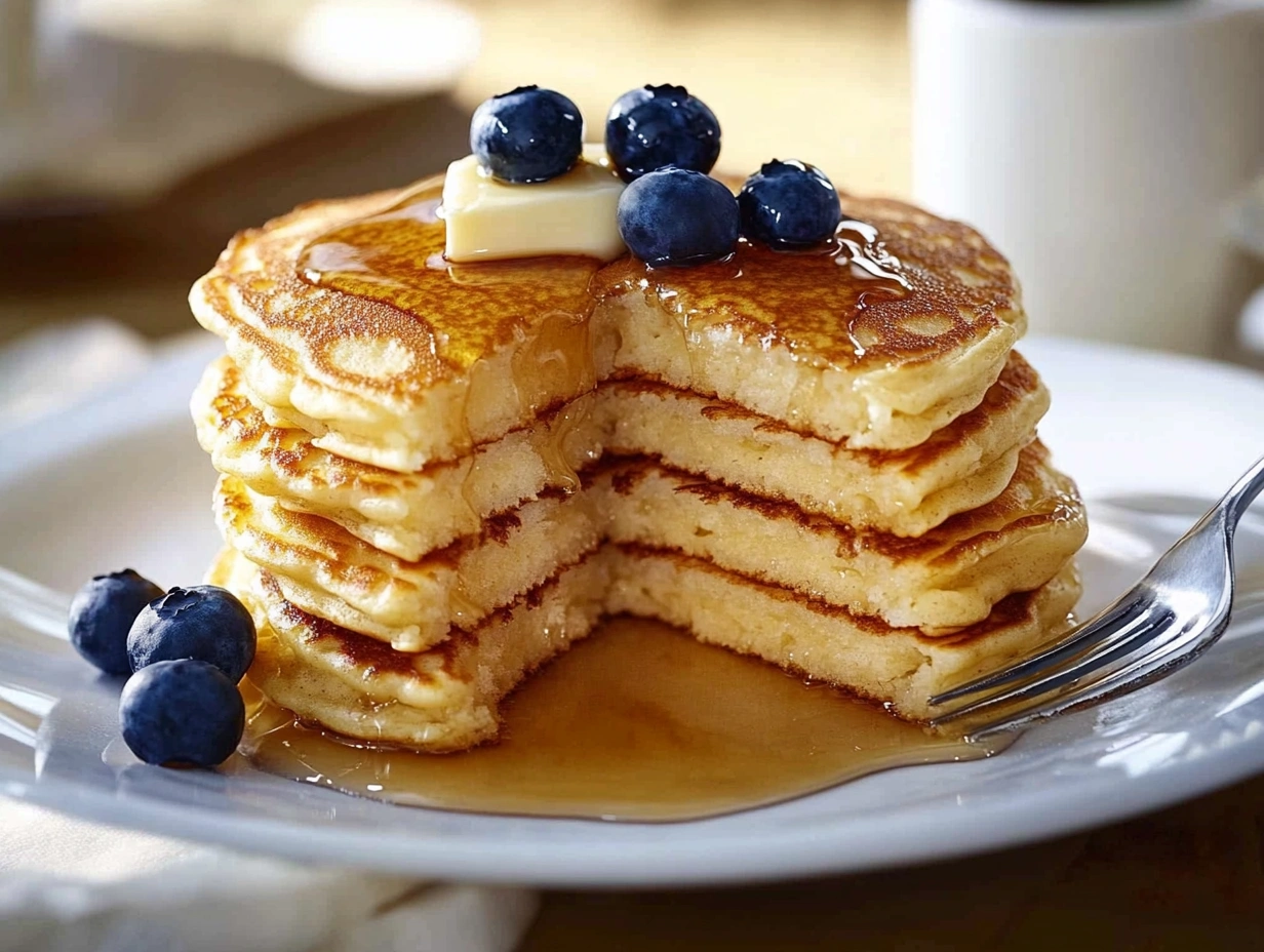 Stack of golden-brown mini pancakes garnished with blueberries, raspberries, and a dollop of whipped cream.