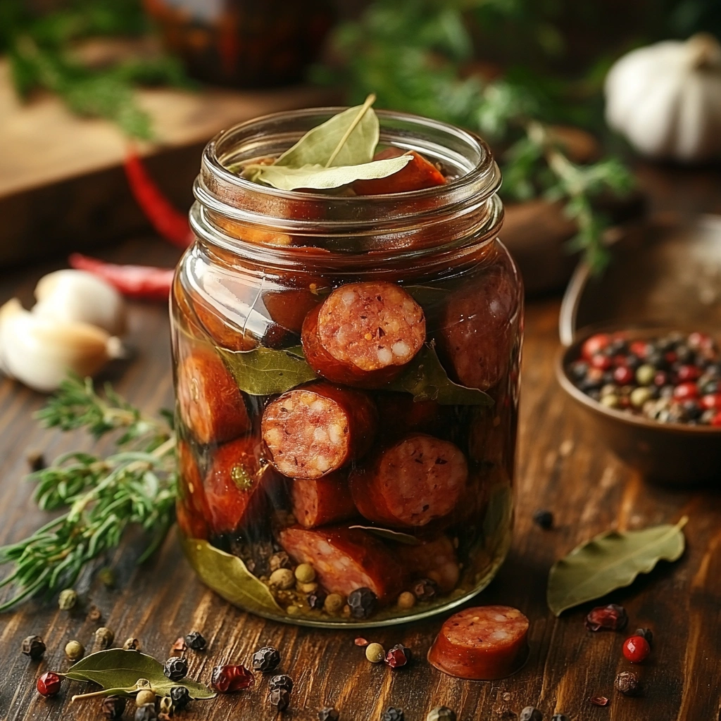 Ingredients for pickling sausage, including raw sausages, vinegar, garlic, and spices on a wooden table.