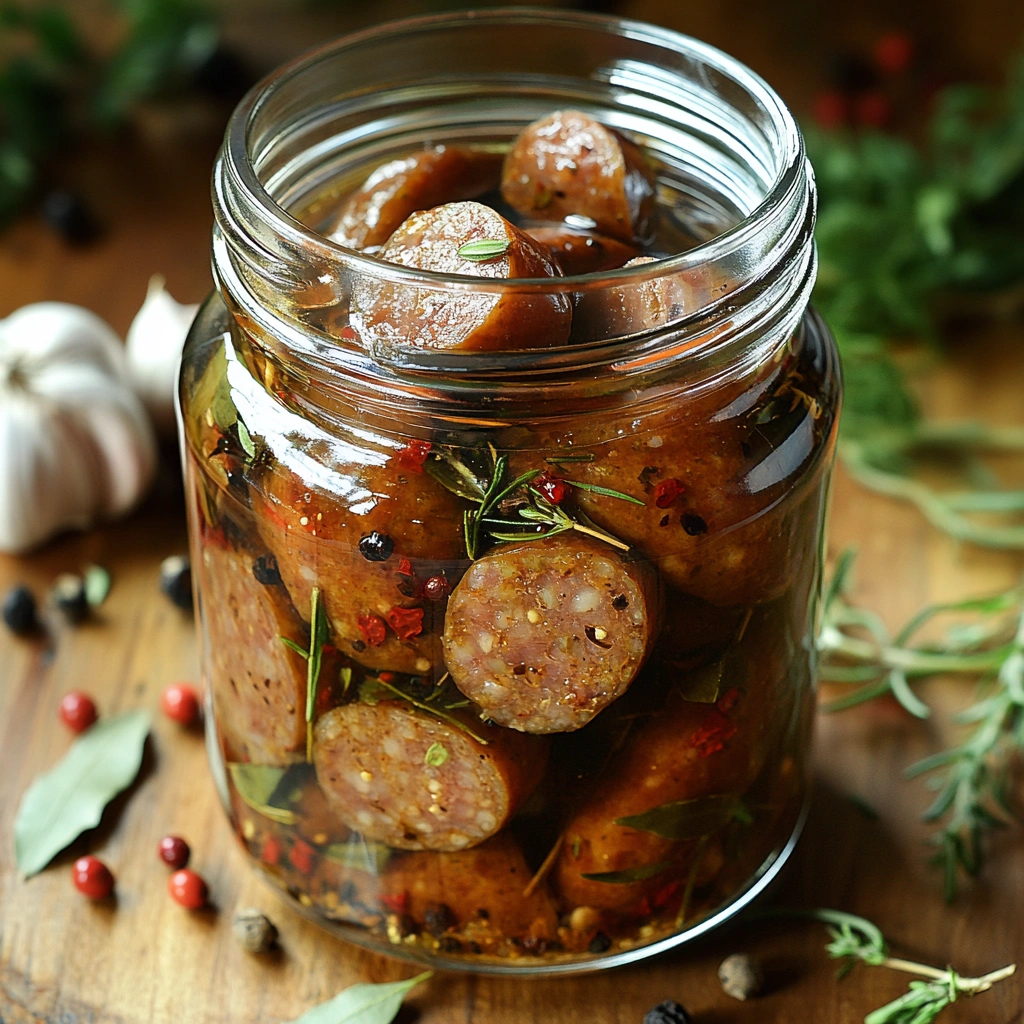 A glass jar filled with pickled sausages submerged in vinegar brine with visible spices.