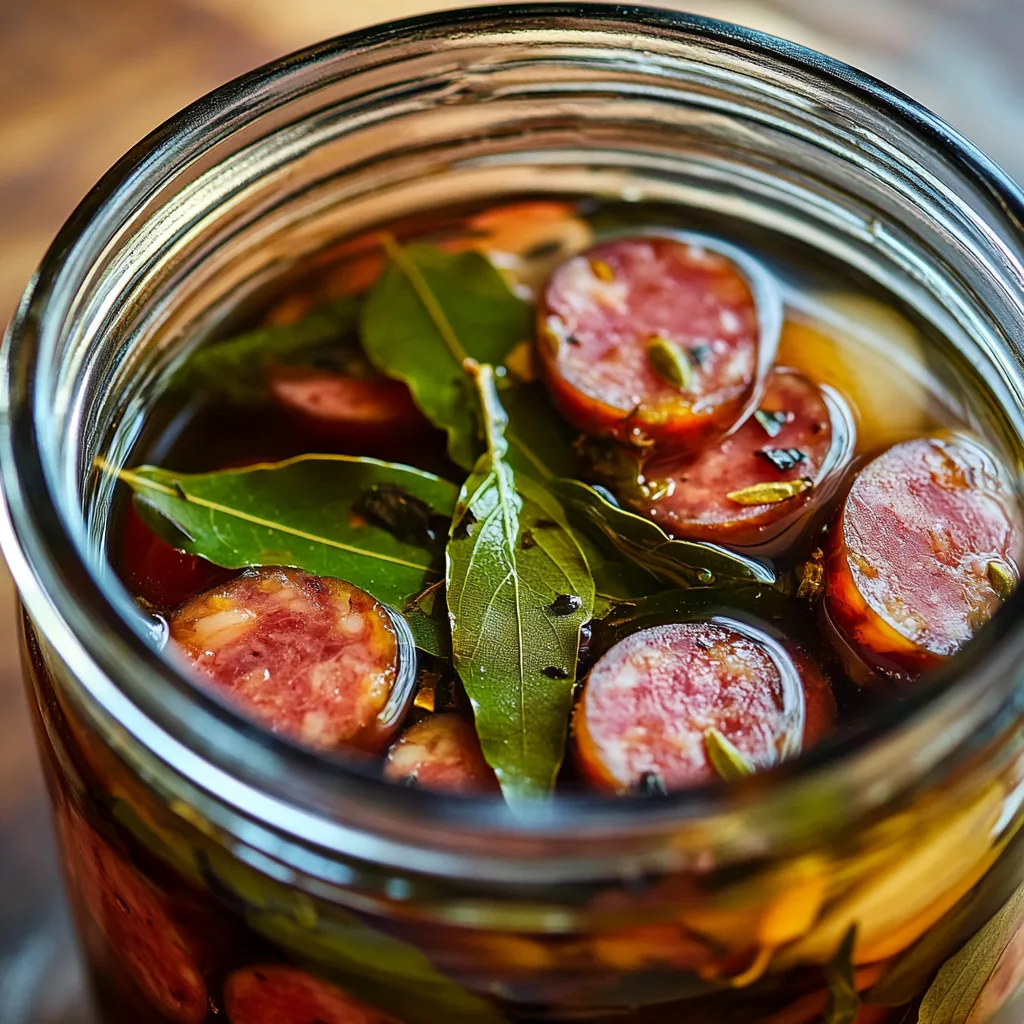 Homemade pickled sausage in a jar with aromatic bay leaves and onions.