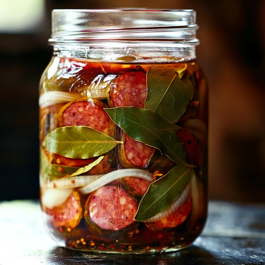 Close-up of pickled sausages in a vinegar brine with bay leaves and onions inside a glass jar.