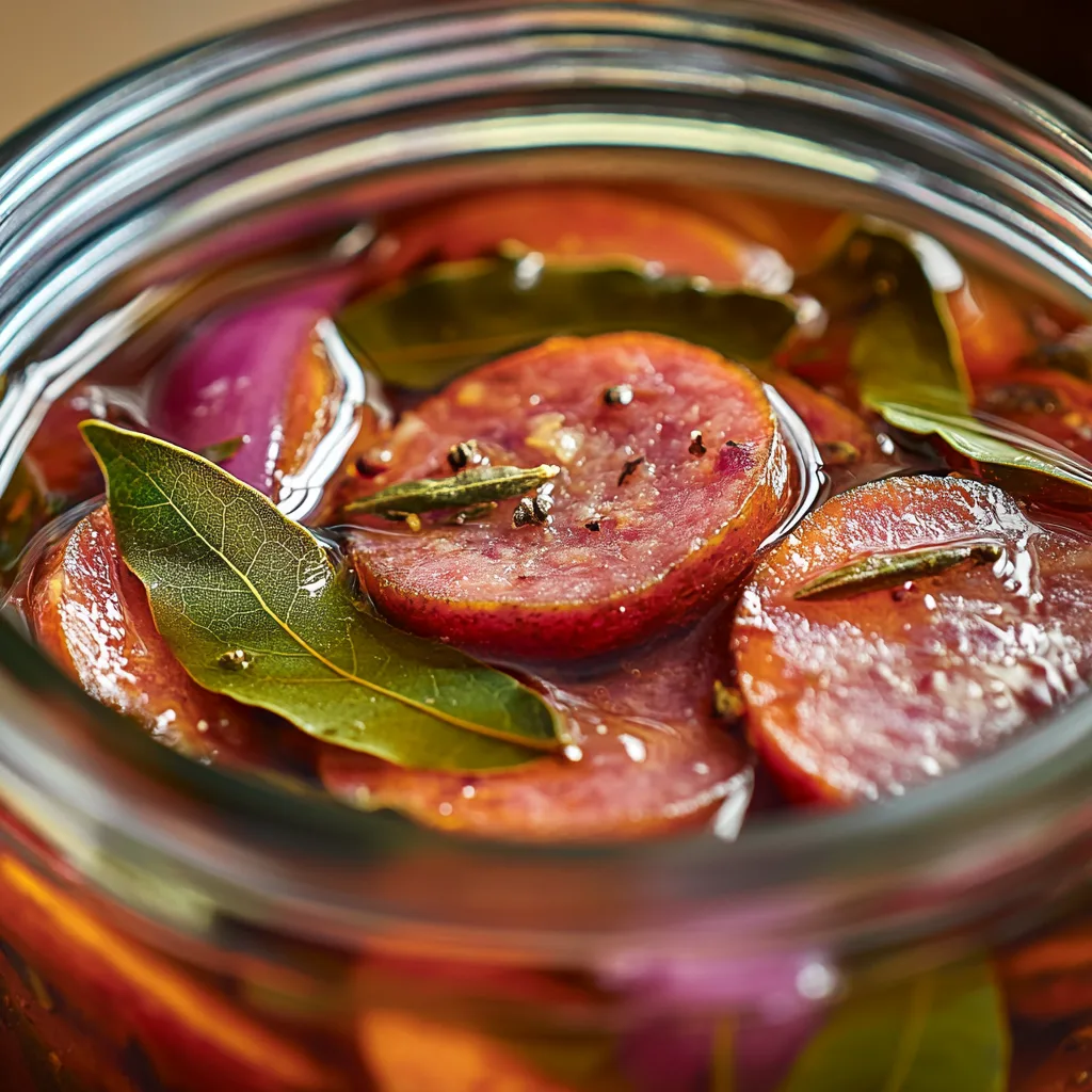 Jar of sliced pickled sausages with bay leaves and onions floating in clear brine.