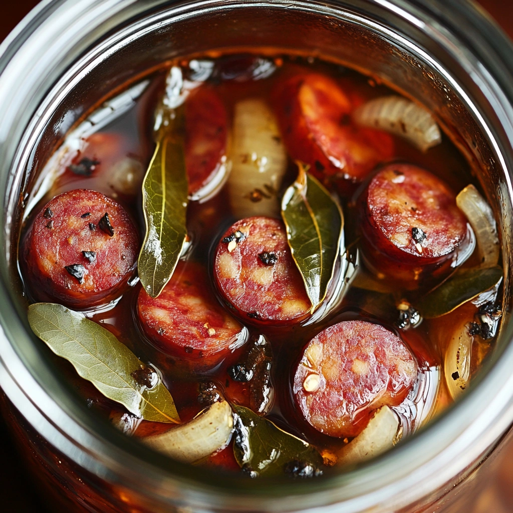 A jar of homemade pickled sausages with bay leaves and onions in a clear vinegar brine.