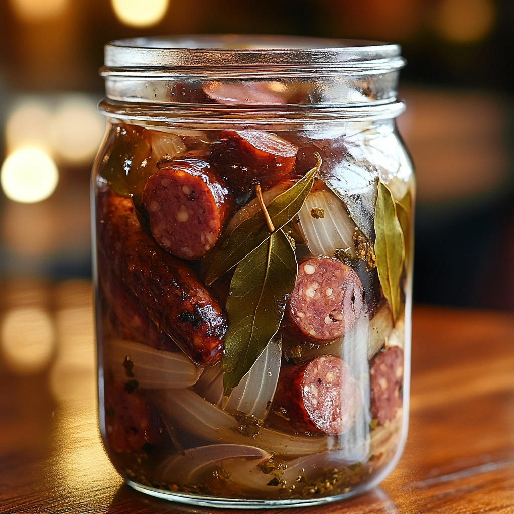 Homemade pickled sausages with onions and bay leaves, captured in a rustic jar.