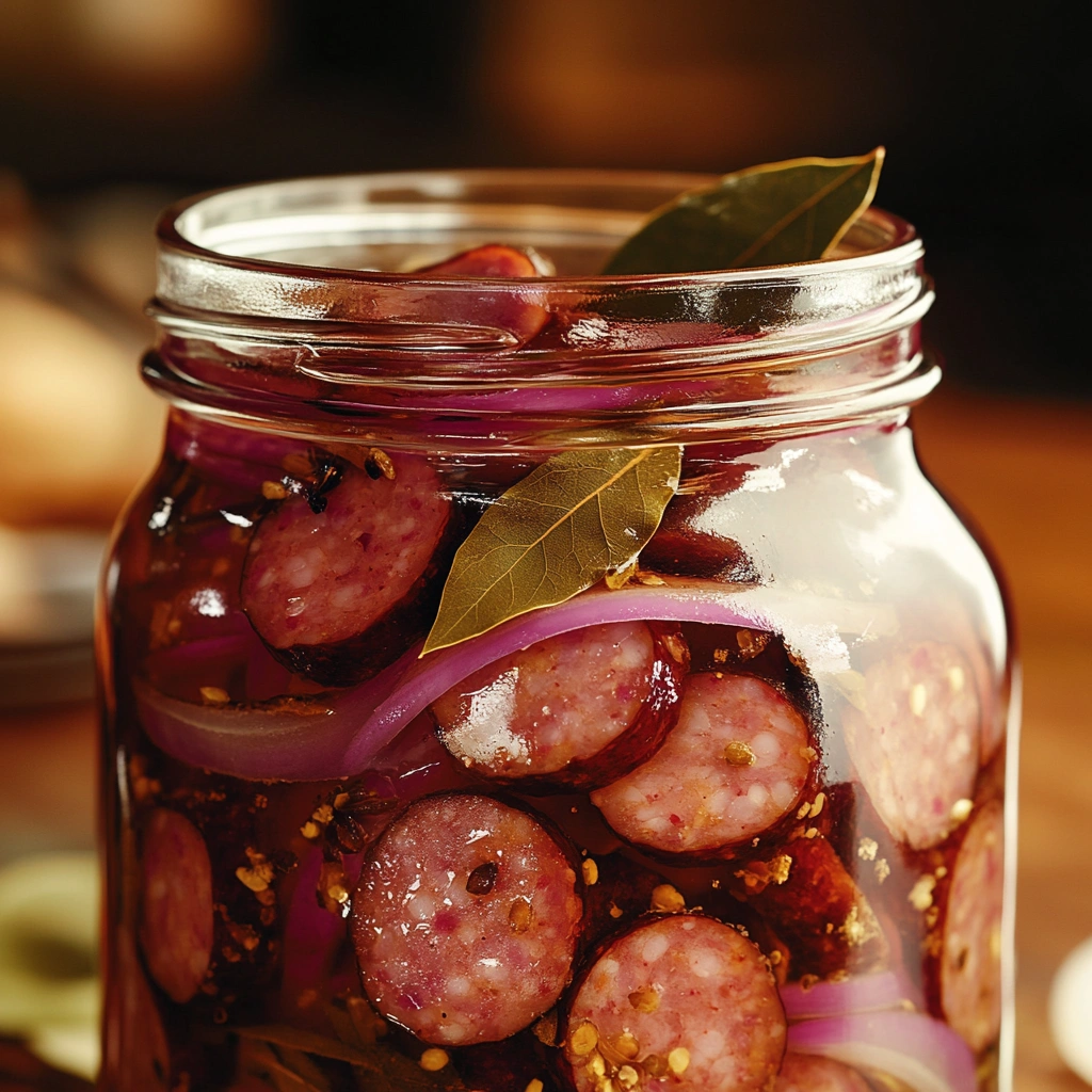 Close-up of pickled sausages submerged in a clear jar filled with vinegar and spices.