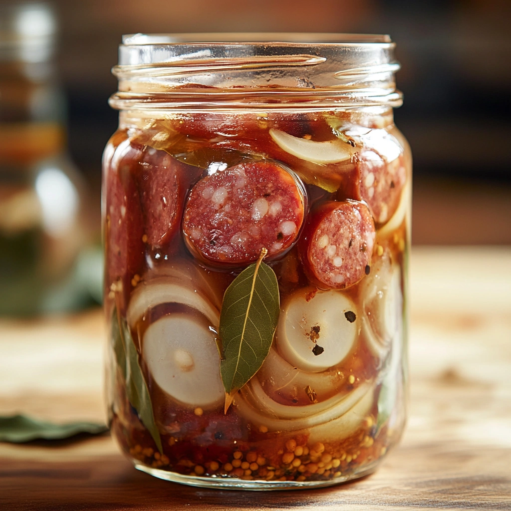 Freshly prepared pickled sausages in brine, featuring onions and aromatic bay leaves.