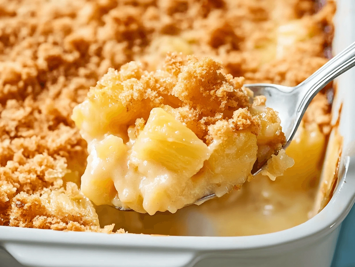 A close-up of a spoonful of pineapple casserole with a golden-brown cracker crust.