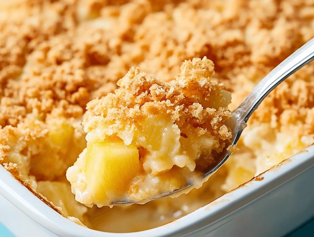 A spoon lifting a serving of pineapple casserole from a baking dish.