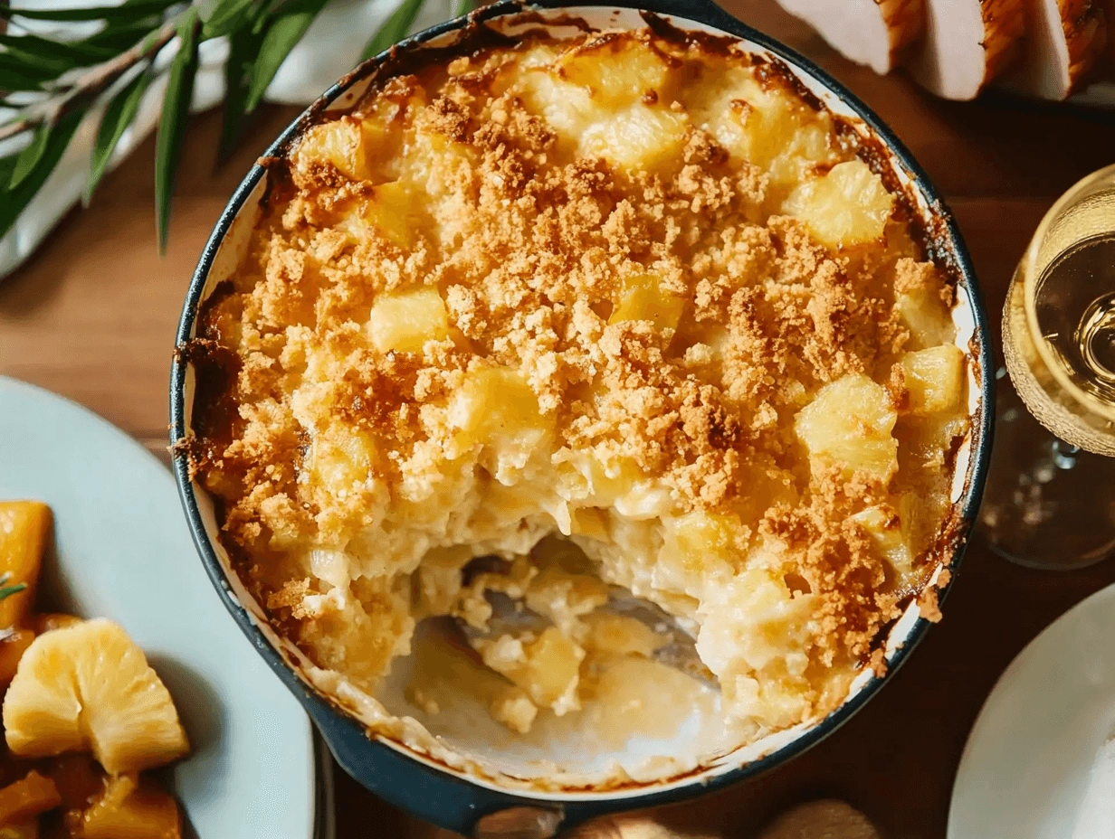 Warm pineapple casserole with a crispy, buttery cracker crust.