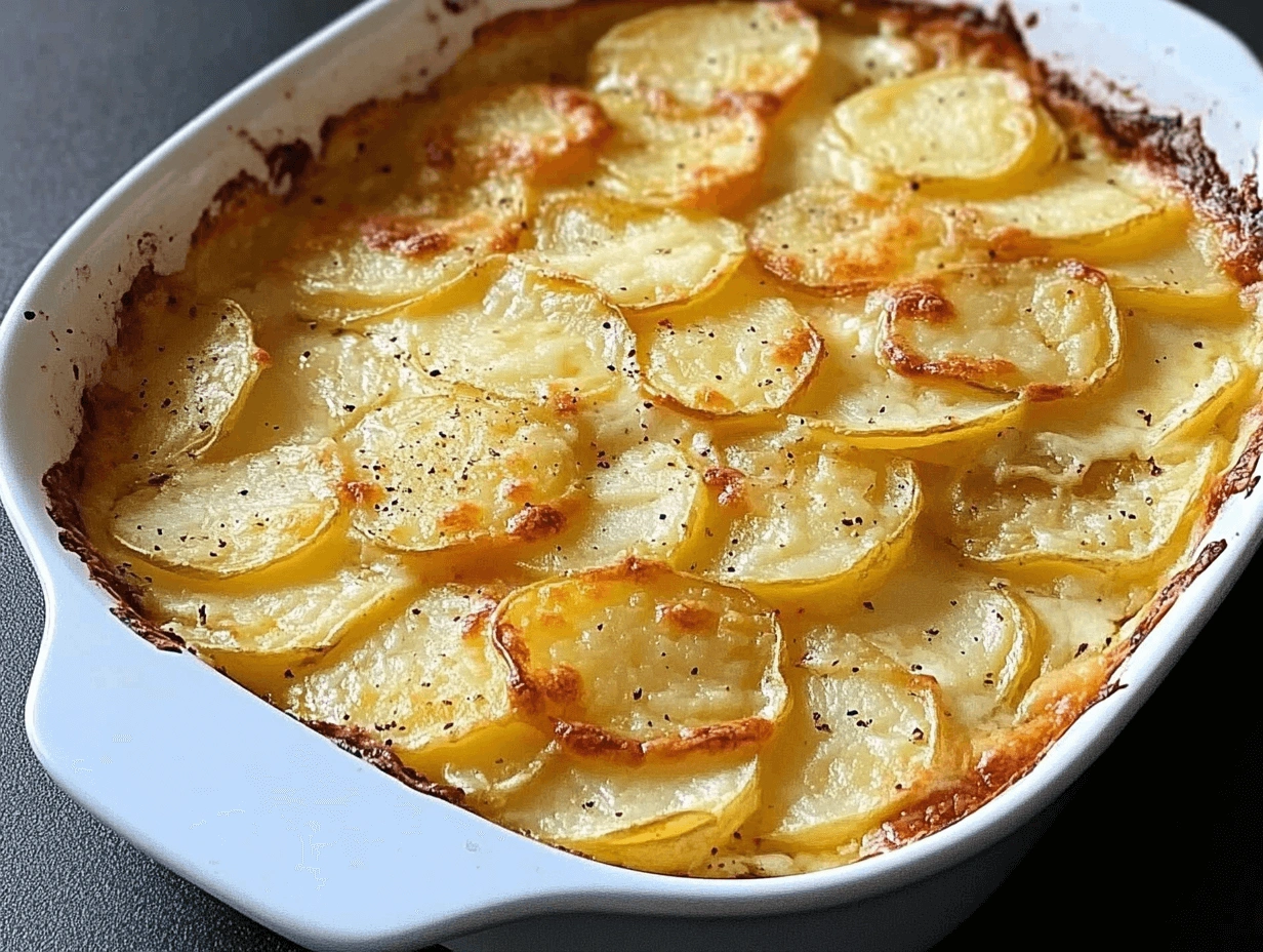 Side view of a creamy potato bake with golden melted cheese in a rectangular dish.