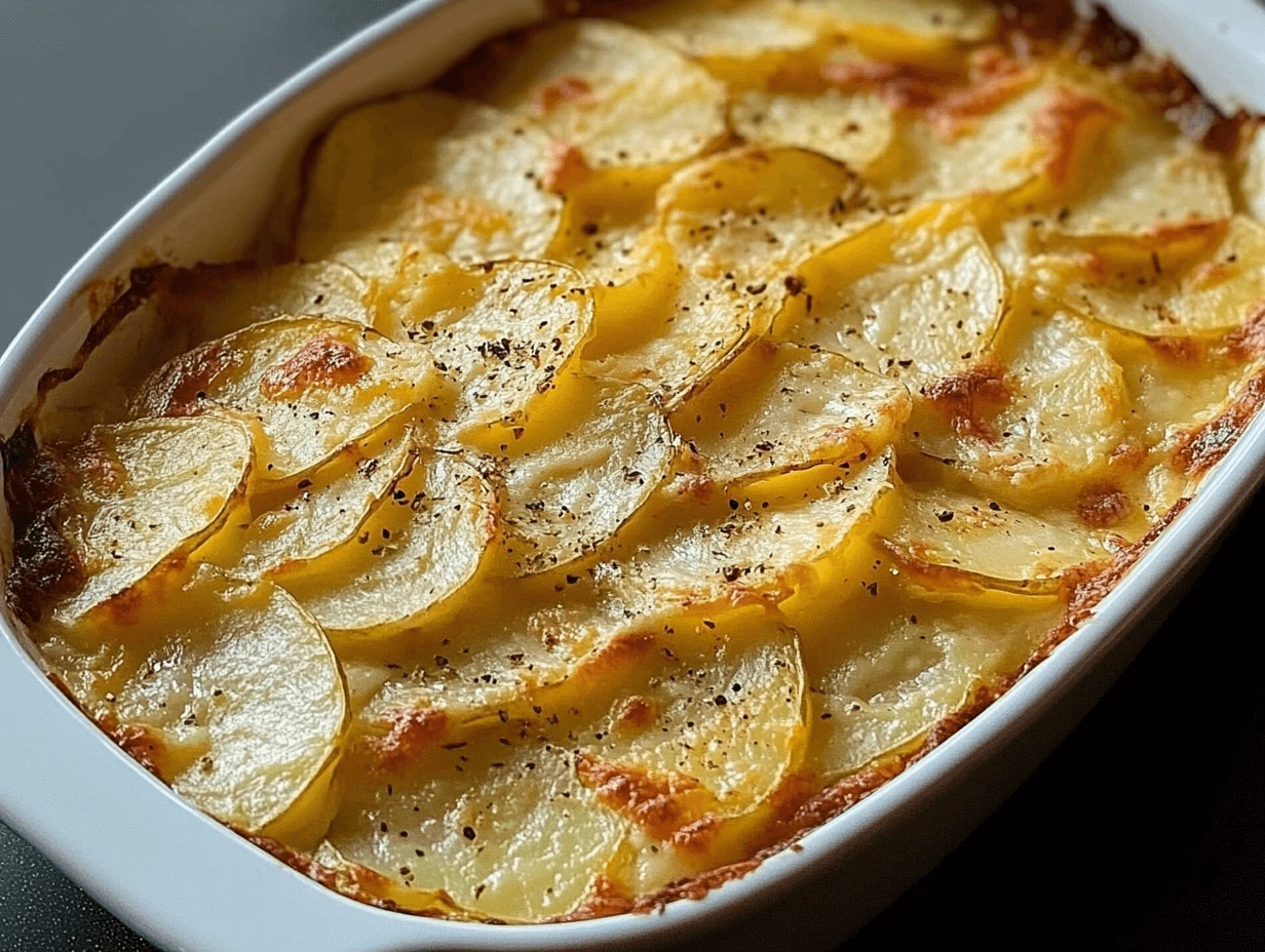 Close-up of a potato bake with a crispy, bubbly cheese crust in a white baking dish.