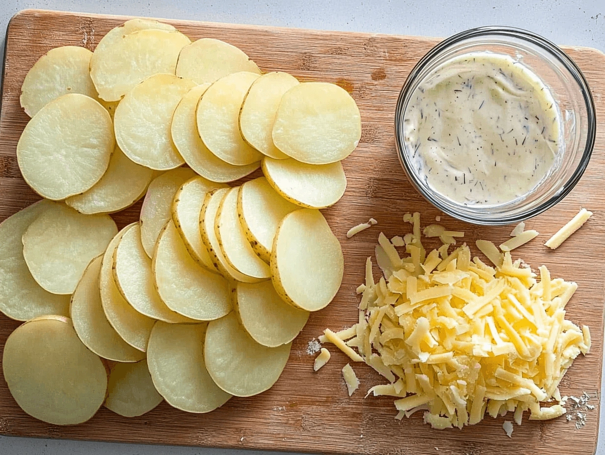 Top-down view of potato bake preparation with thinly sliced raw potatoes, shredded cheese, and creamy garlic sauce on a wooden cutting board.