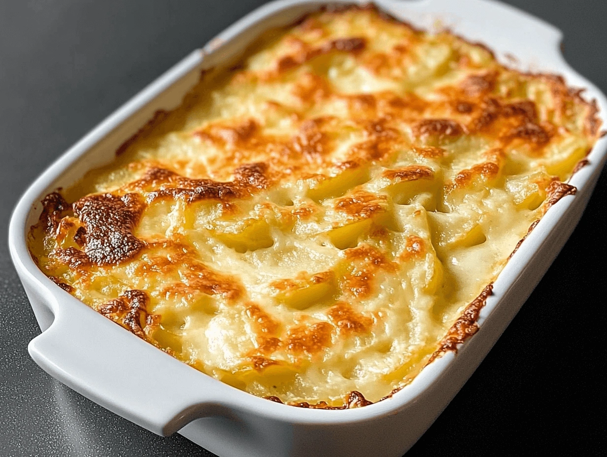 Golden-brown potato bake fresh out of the oven in a white casserole dish.